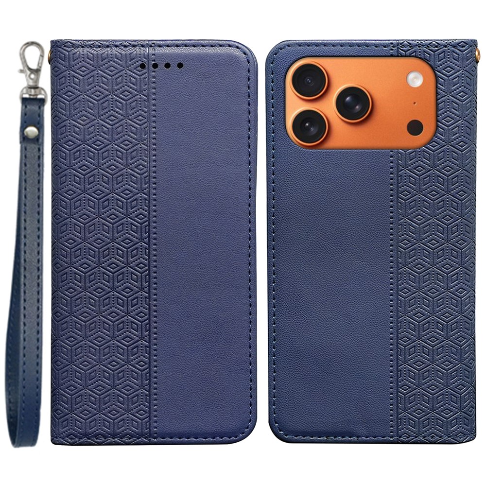 For iPhone 17 Pro Wallet Phone Case Checkered Pattern Imprint Leather Flip Cover with Wrist Strap - Blue