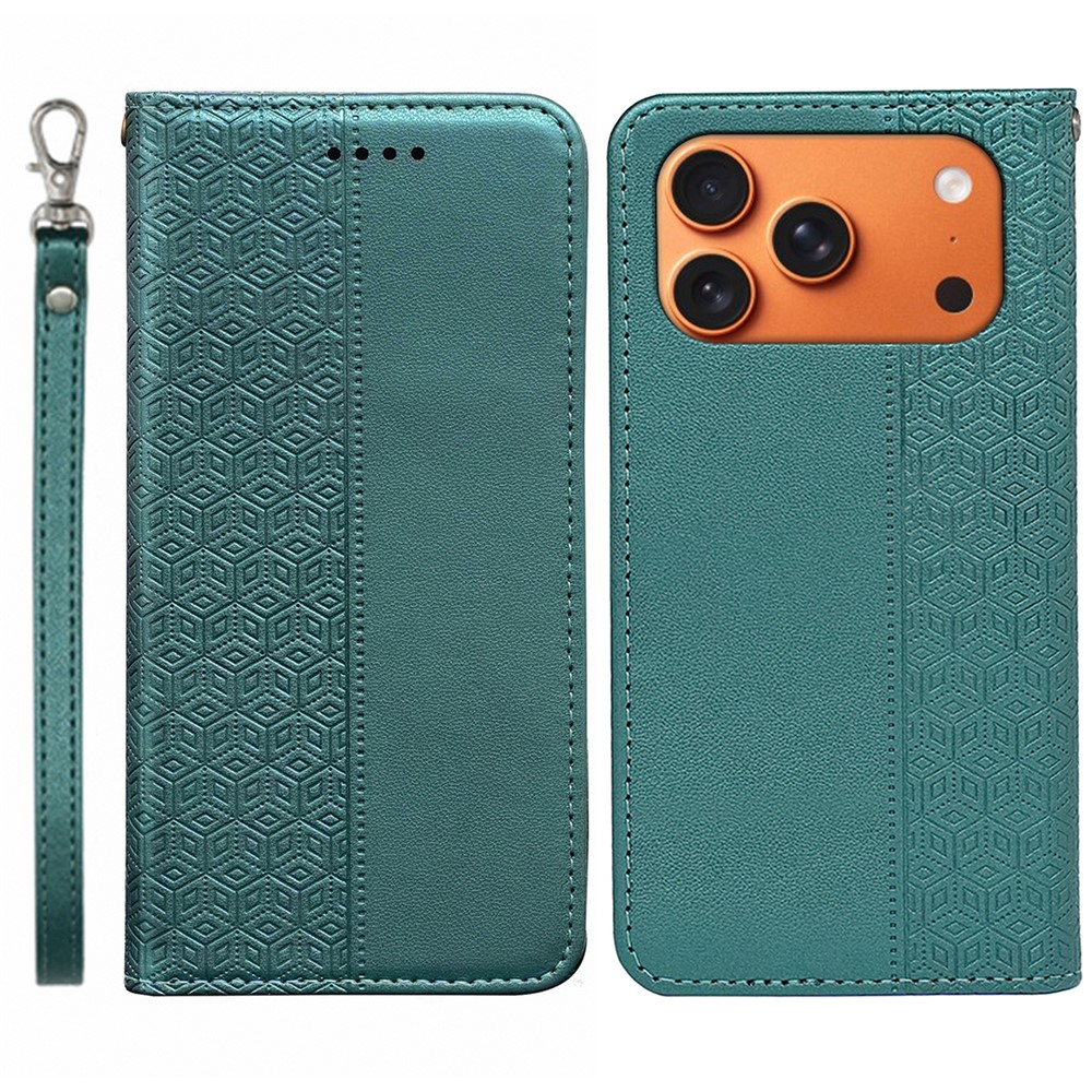 For iPhone 17 Pro Wallet Phone Case Checkered Pattern Imprint Leather Flip Cover with Wrist Strap - Green