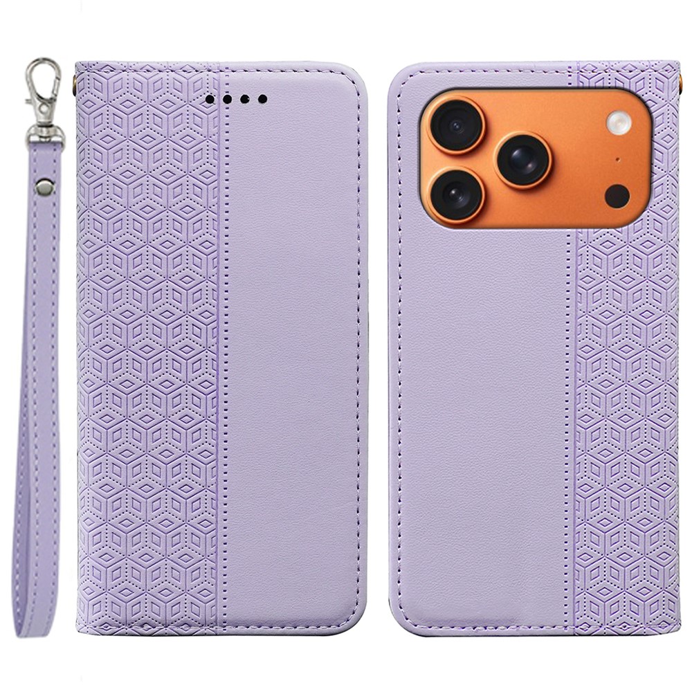 For iPhone 17 Pro Wallet Phone Case Checkered Pattern Imprint Leather Flip Cover with Wrist Strap - Purple