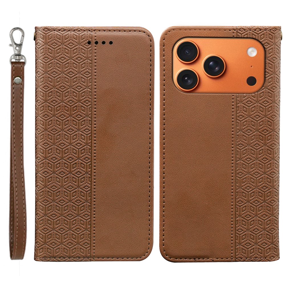 For iPhone 17 Pro Wallet Phone Case Checkered Pattern Imprint Leather Flip Cover with Wrist Strap - Brown