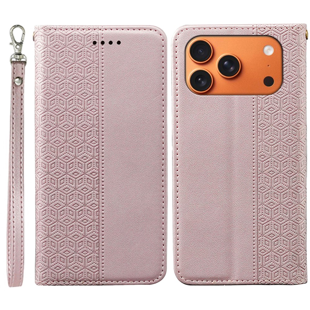 For iPhone 17 Pro Max Wallet Phone Case Checkered Pattern Imprint Leather Flip Cover with Wrist Strap - Rose Gold