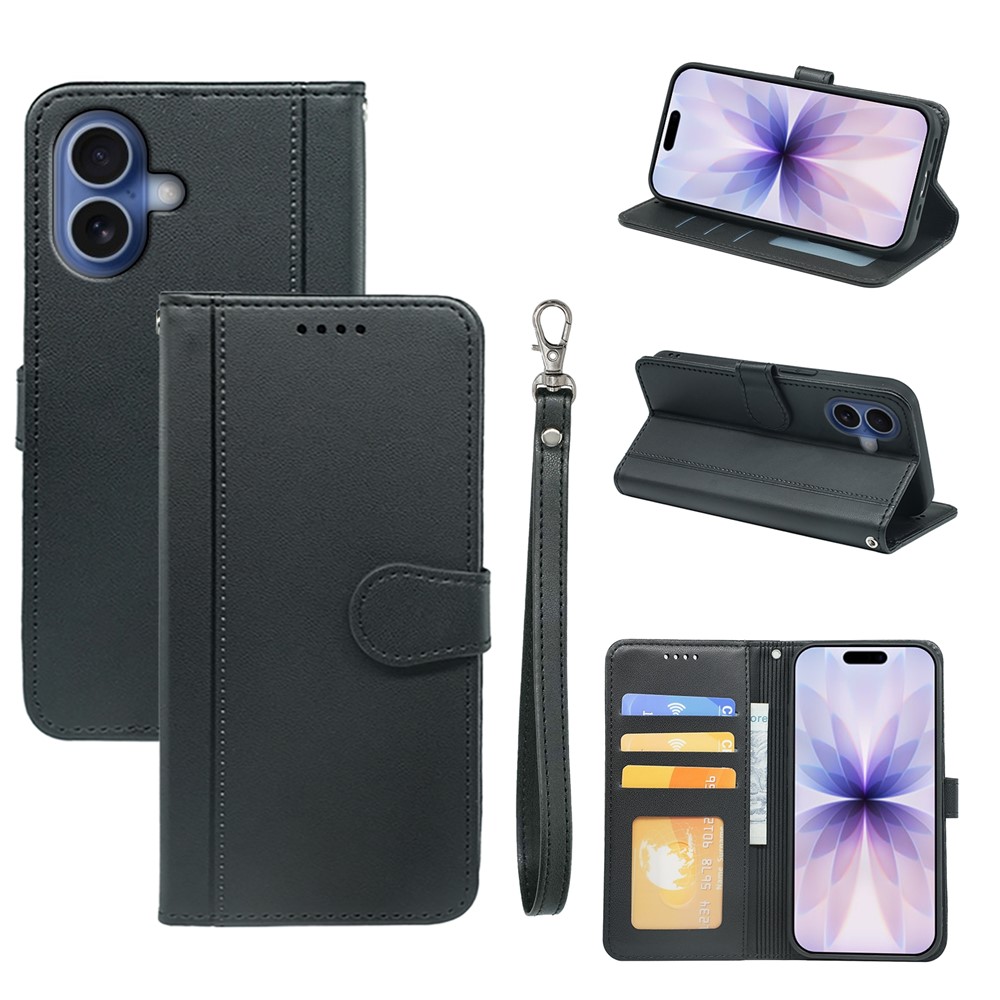 For iPhone 17 Wallet Case Magnetic Snap Leather Phone Cover with Strap - Black