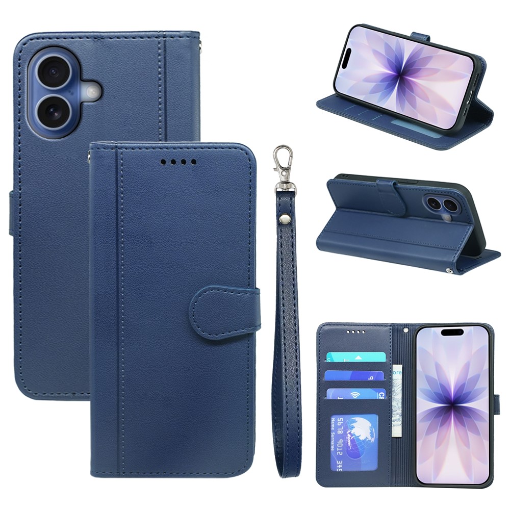 For iPhone 17 Wallet Case Magnetic Snap Leather Phone Cover with Strap - Blue