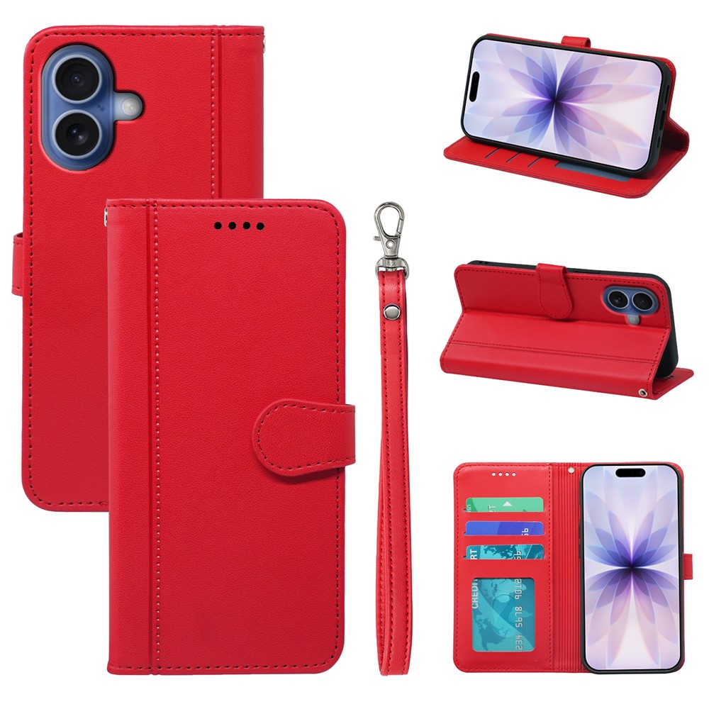 For iPhone 17 Wallet Case Magnetic Snap Leather Phone Cover with Strap - Red