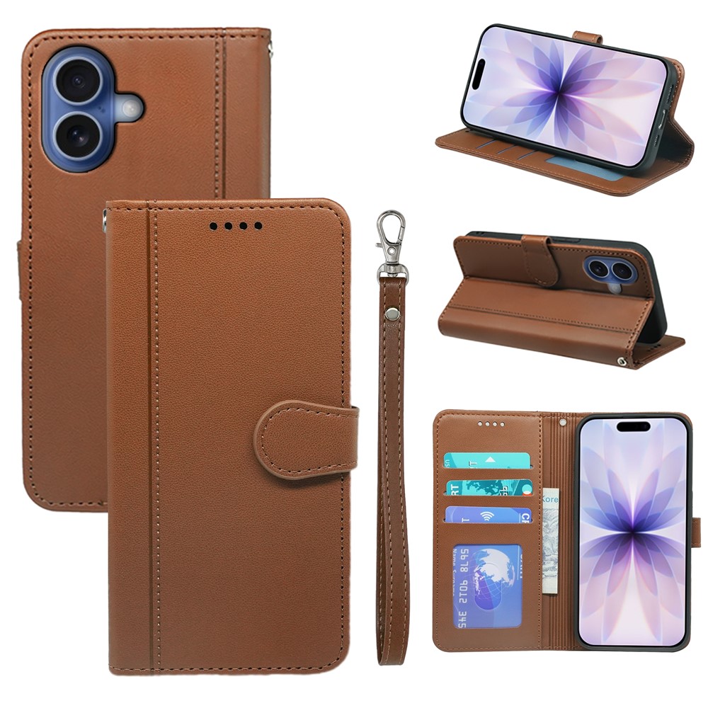 For iPhone 17 Wallet Case Magnetic Snap Leather Phone Cover with Strap - Brown