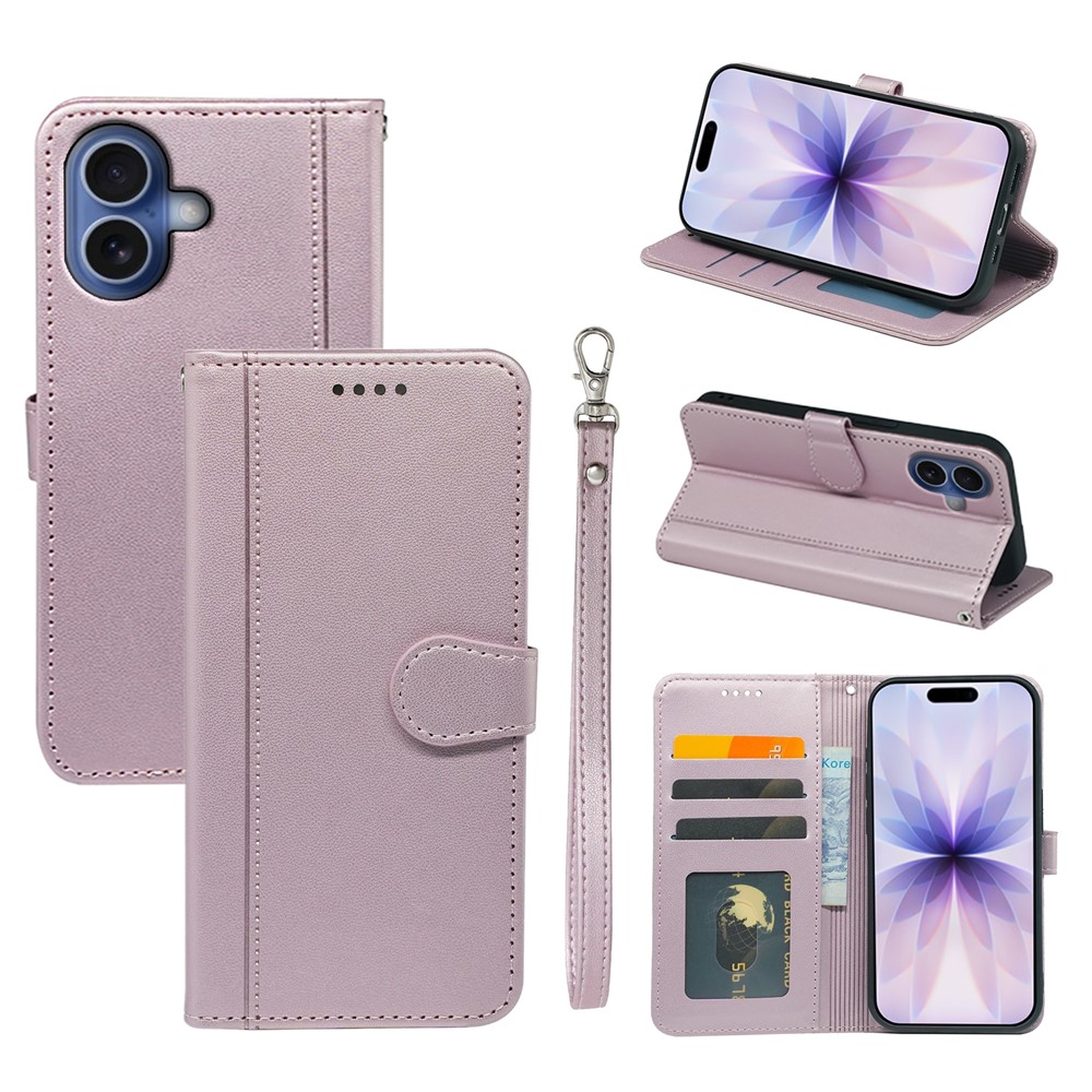 For iPhone 17 Wallet Case Magnetic Snap Leather Phone Cover with Strap - Rose Gold