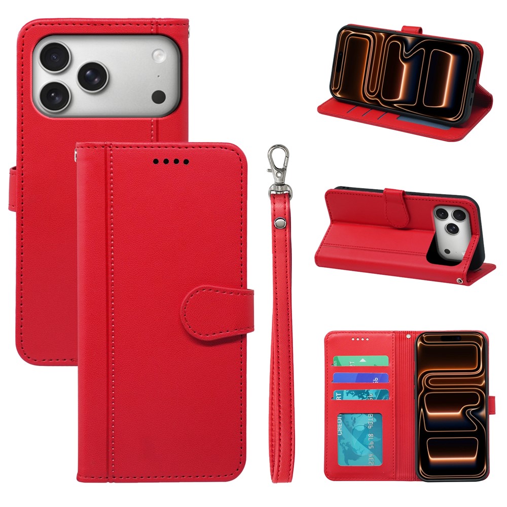 For iPhone 17 Pro Wallet Case Magnetic Snap Leather Phone Cover with Strap - Red