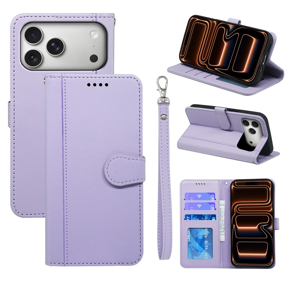 For iPhone 17 Pro Wallet Case Magnetic Snap Leather Phone Cover with Strap - Purple