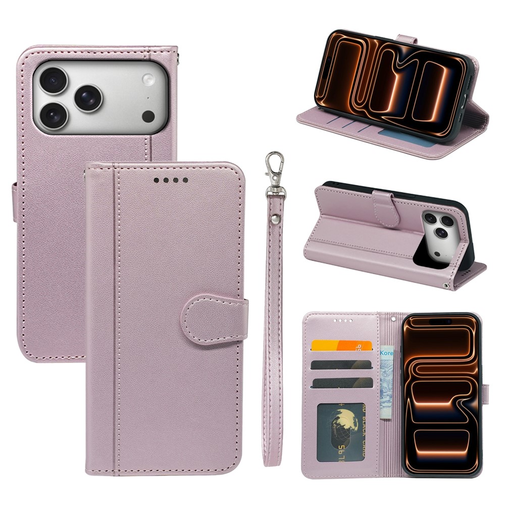 For iPhone 17 Pro Wallet Case Magnetic Snap Leather Phone Cover with Strap - Rose Gold