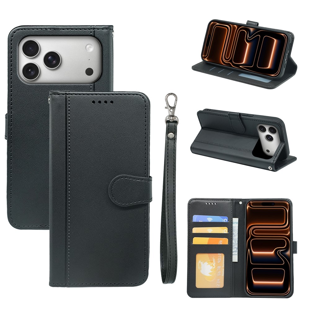 For iPhone 17 Pro Max Wallet Case Magnetic Snap Leather Phone Cover with Strap - Black