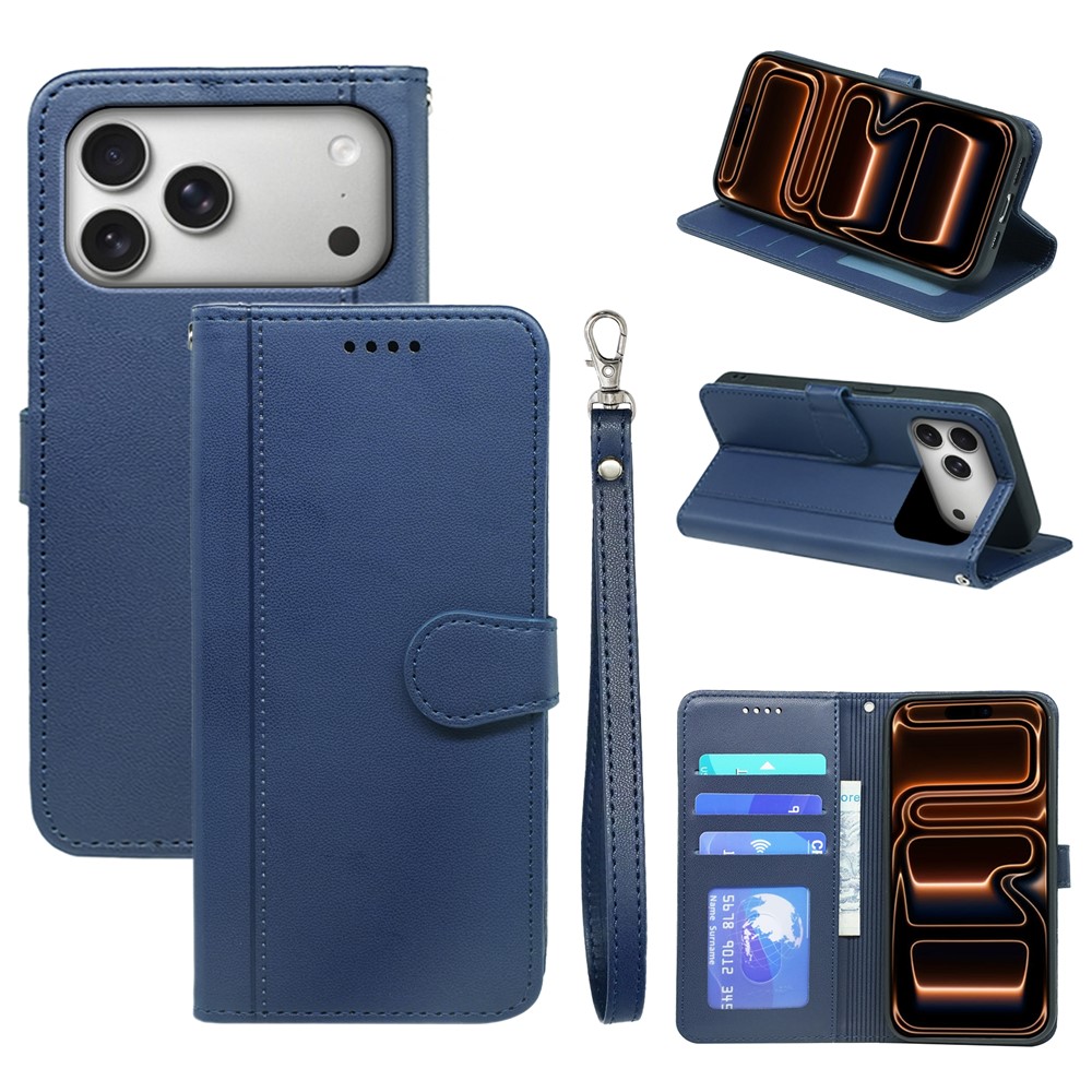 For iPhone 17 Pro Max Wallet Case Magnetic Snap Leather Phone Cover with Strap - Blue