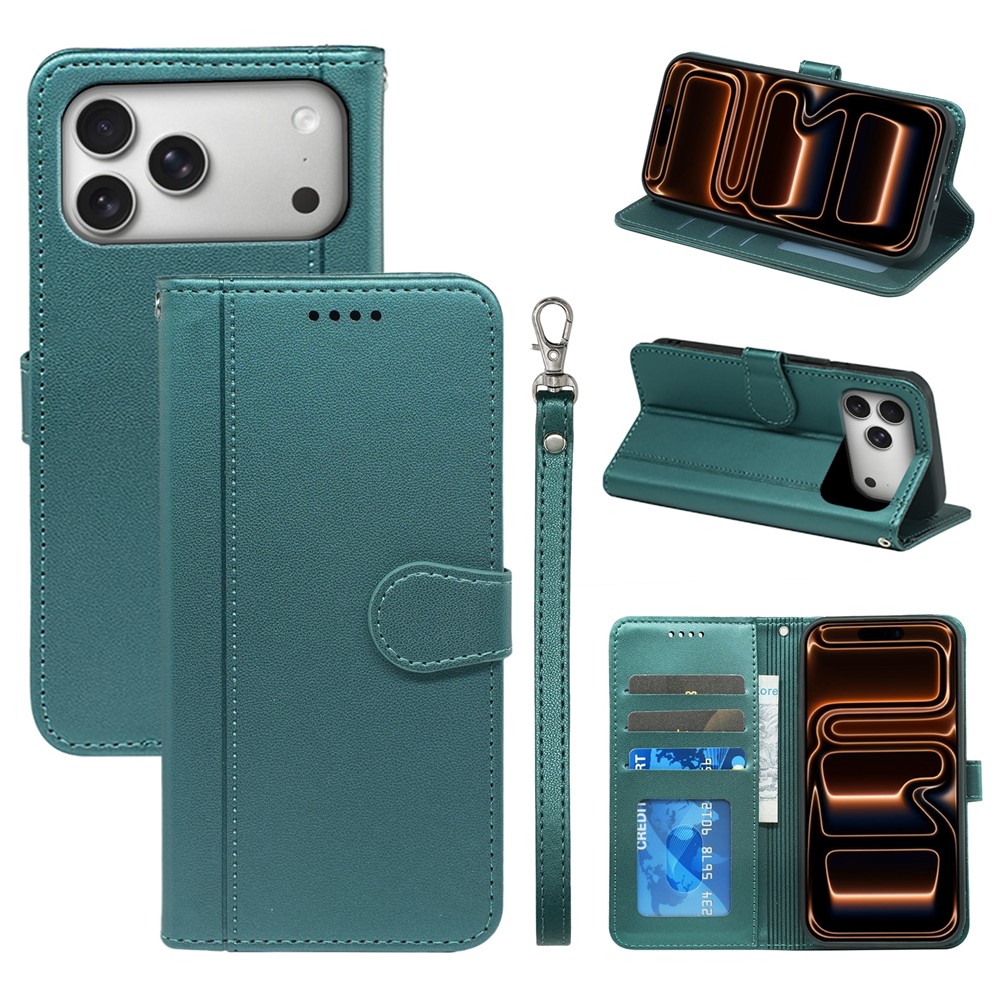 For iPhone 17 Pro Max Wallet Case Magnetic Snap Leather Phone Cover with Strap - Green