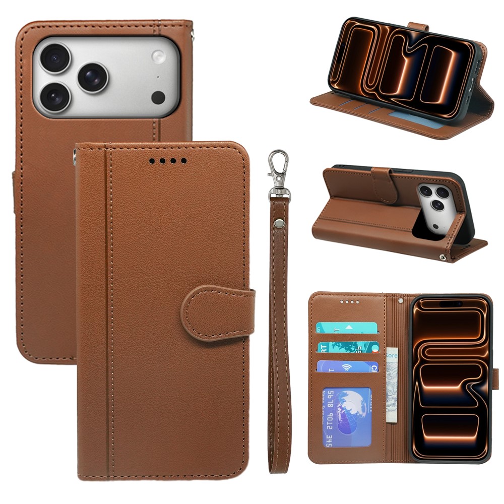 For iPhone 17 Pro Max Wallet Case Magnetic Snap Leather Phone Cover with Strap - Brown