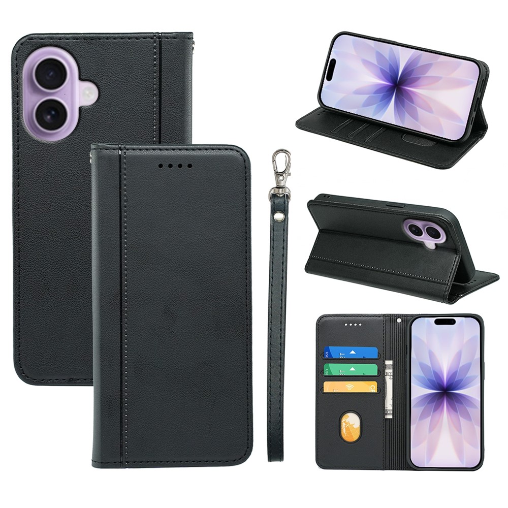 For iPhone 17 Wallet Case Magnetic Closing PU Leather Phone Cover with Wrist Strap - Black