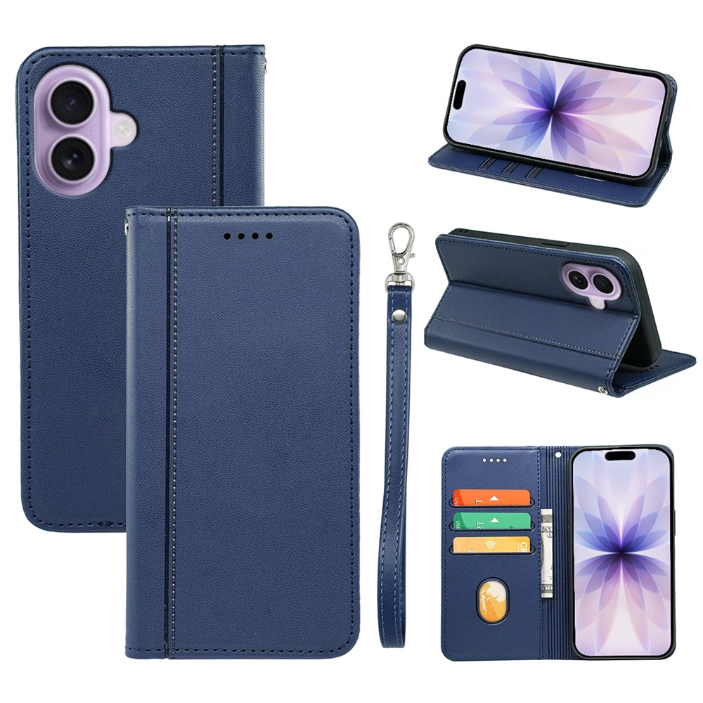 For iPhone 17 Wallet Case Magnetic Closing PU Leather Phone Cover with Wrist Strap - Blue