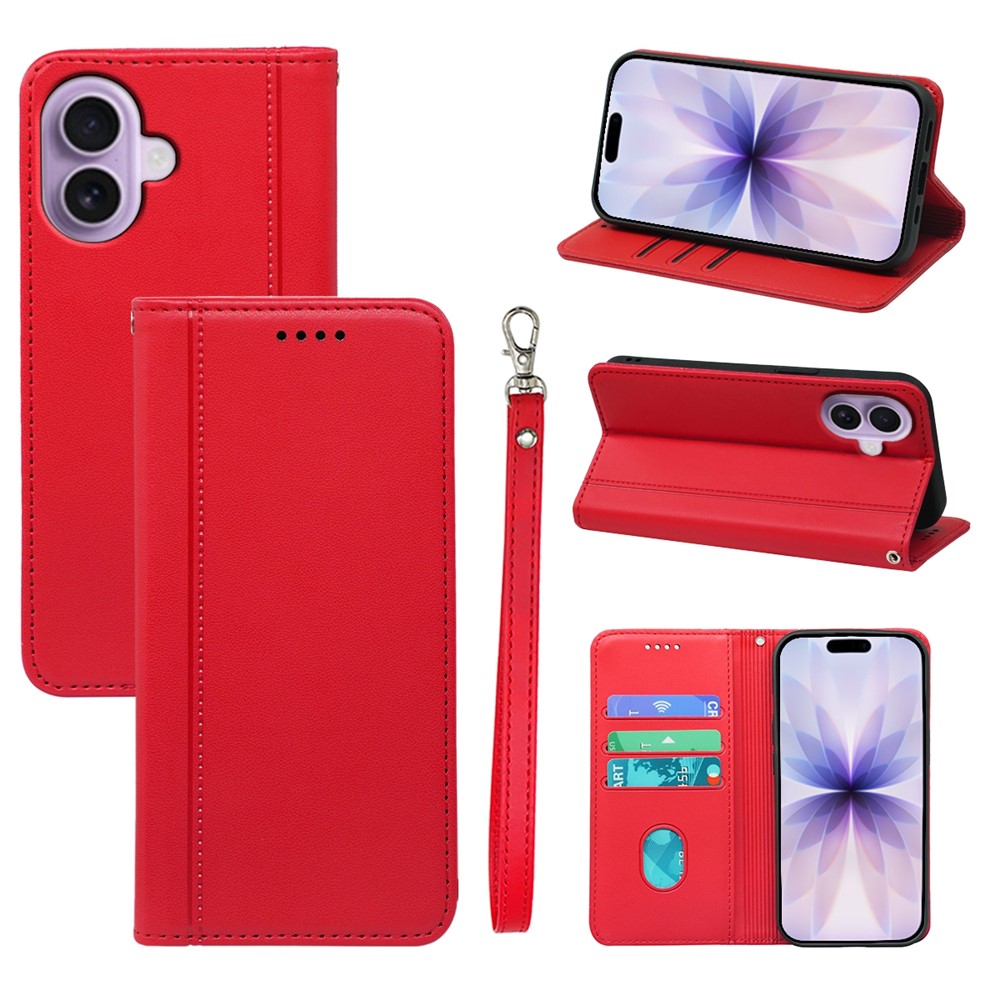For iPhone 17 Wallet Case Magnetic Closing PU Leather Phone Cover with Wrist Strap - Red