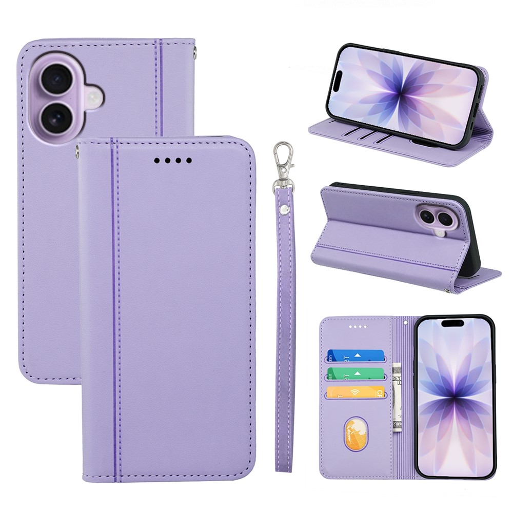 For iPhone 17 Wallet Case Magnetic Closing PU Leather Phone Cover with Wrist Strap - Purple