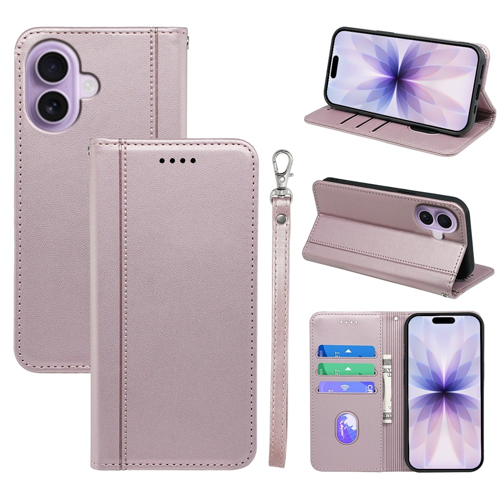 For iPhone 17 Wallet Case Magnetic Closing PU Leather Phone Cover with Wrist Strap - Rose Gold