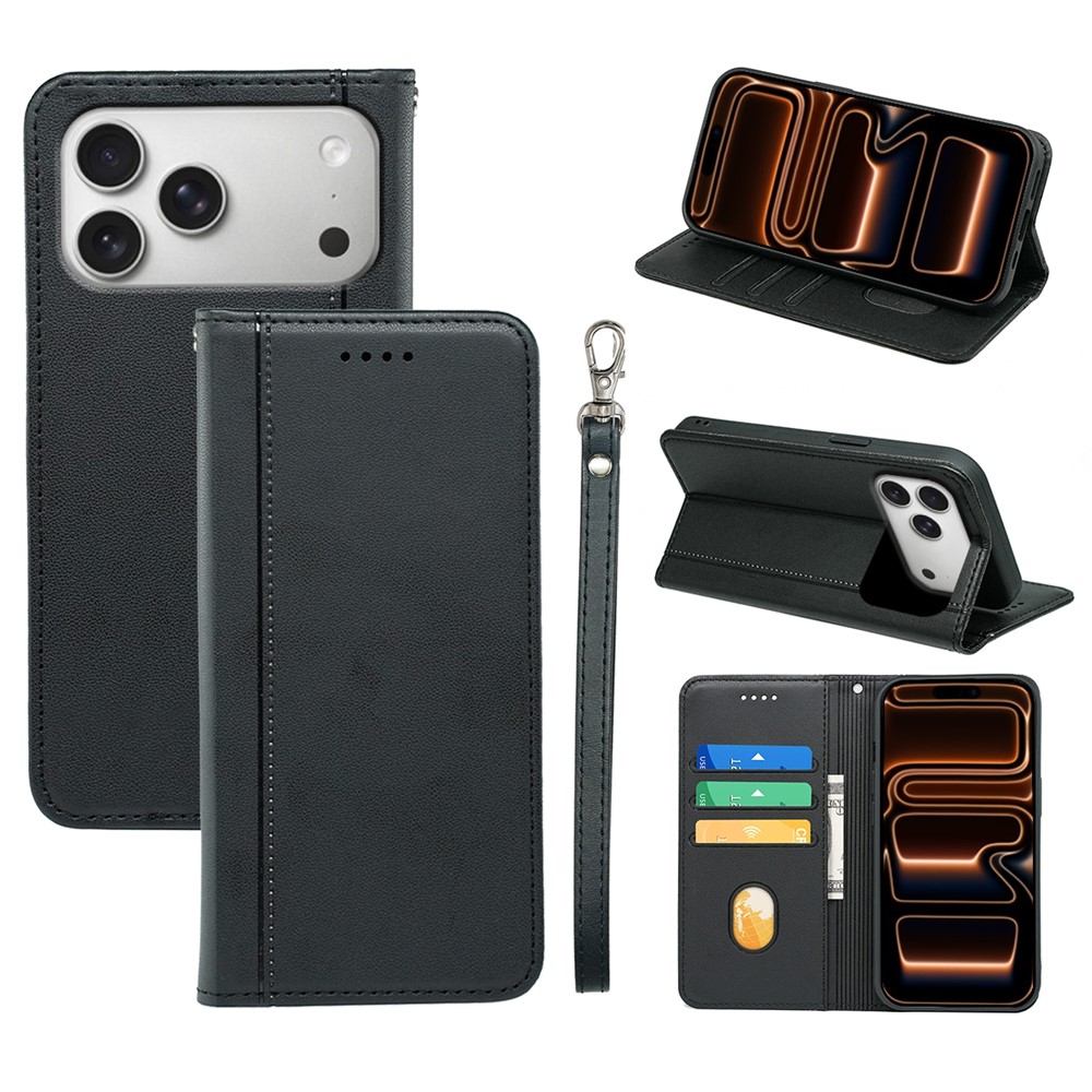 For iPhone 17 Pro Wallet Case Magnetic Closing PU Leather Phone Cover with Wrist Strap - Black