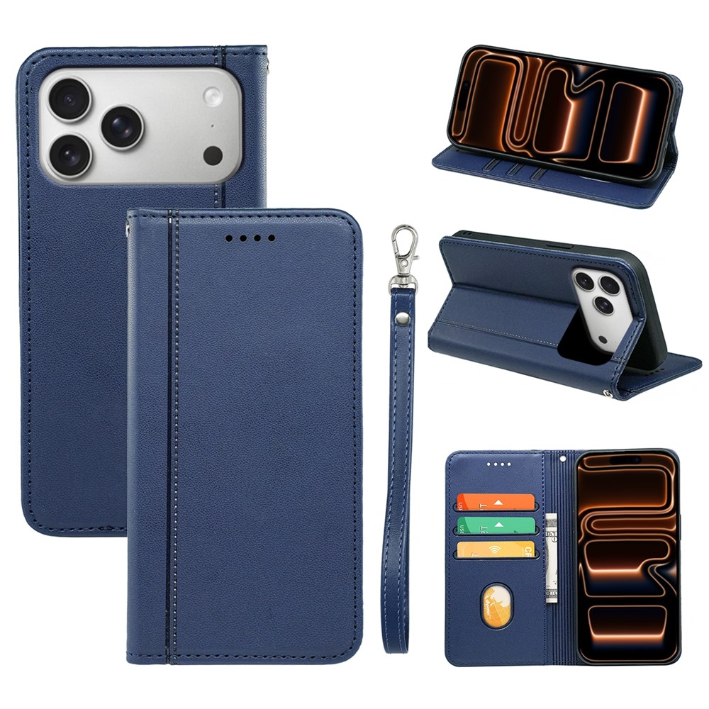 For iPhone 17 Pro Wallet Case Magnetic Closing PU Leather Phone Cover with Wrist Strap - Blue