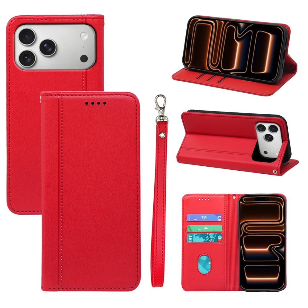 For iPhone 17 Pro Wallet Case Magnetic Closing PU Leather Phone Cover with Wrist Strap - Red