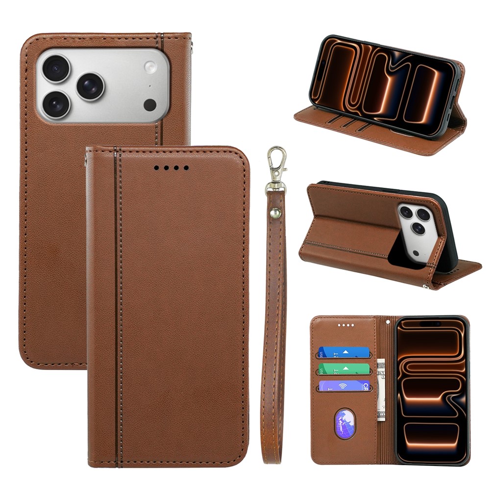 For iPhone 17 Pro Wallet Case Magnetic Closing PU Leather Phone Cover with Wrist Strap - Brown