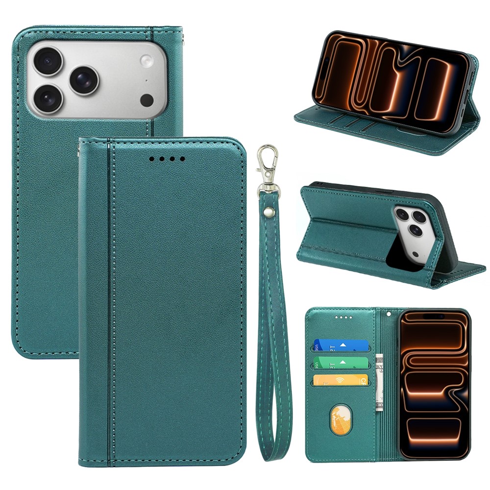 For iPhone 17 Pro Max Wallet Case Magnetic Closing PU Leather Phone Cover with Wrist Strap - Green