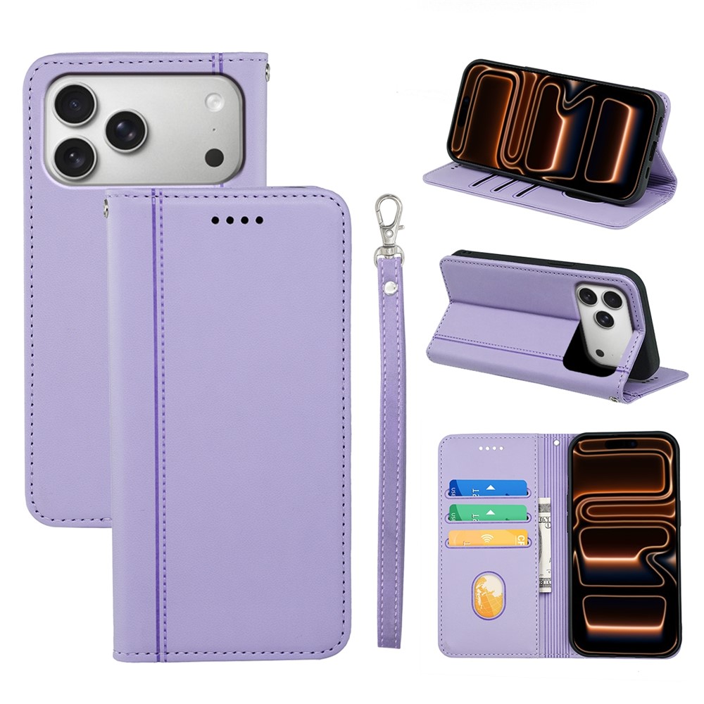 For iPhone 17 Pro Max Wallet Case Magnetic Closing PU Leather Phone Cover with Wrist Strap - Purple
