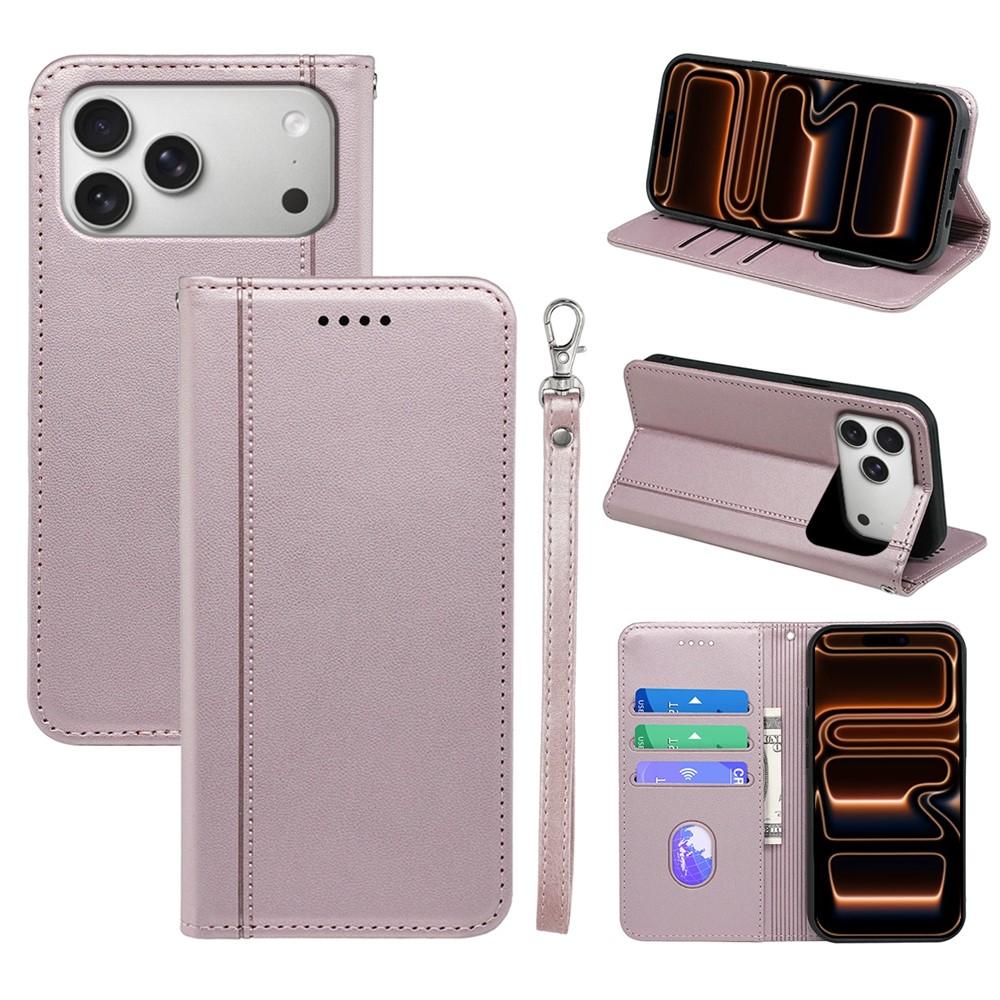 For iPhone 17 Pro Max Wallet Case Magnetic Closing PU Leather Phone Cover with Wrist Strap - Rose Gold