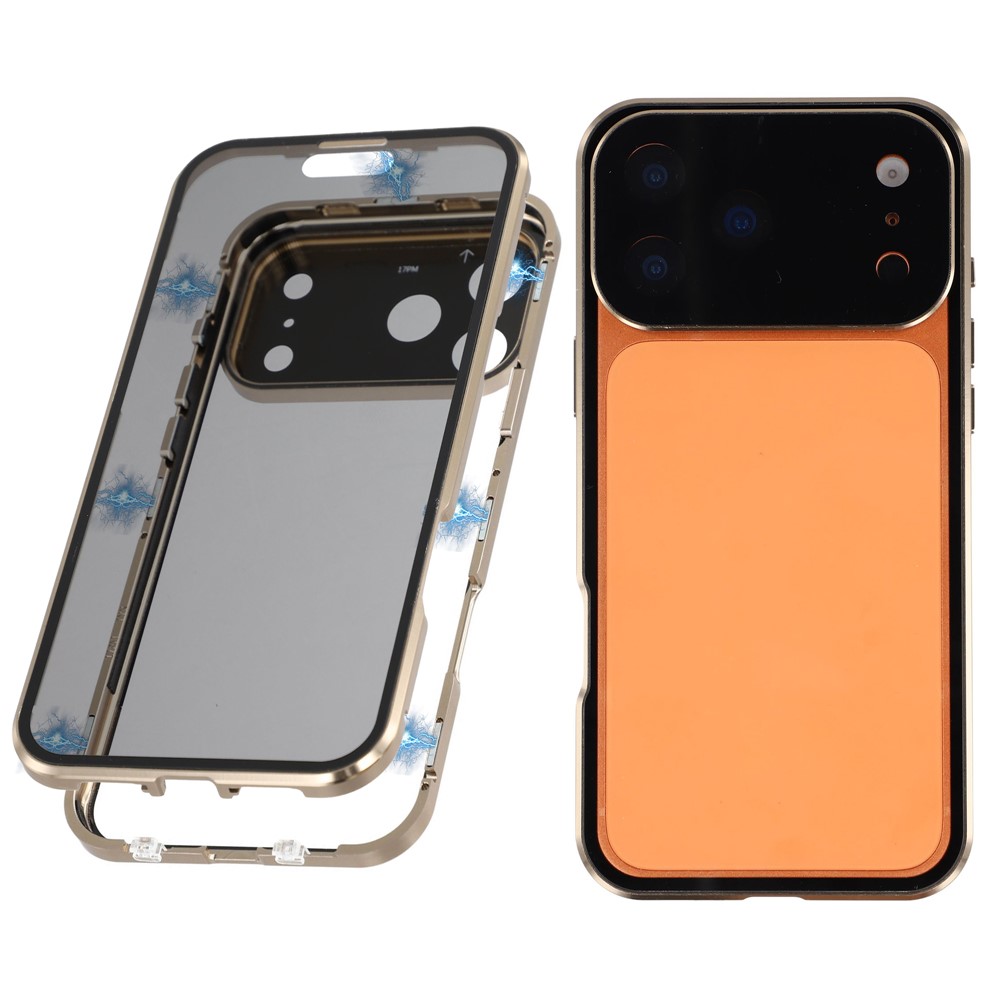 For iPhone 17 Pro Max Case Anti-Spy Double-Sided Tempered Glass + Magnetic Metal Frame Phone Cover - Gold