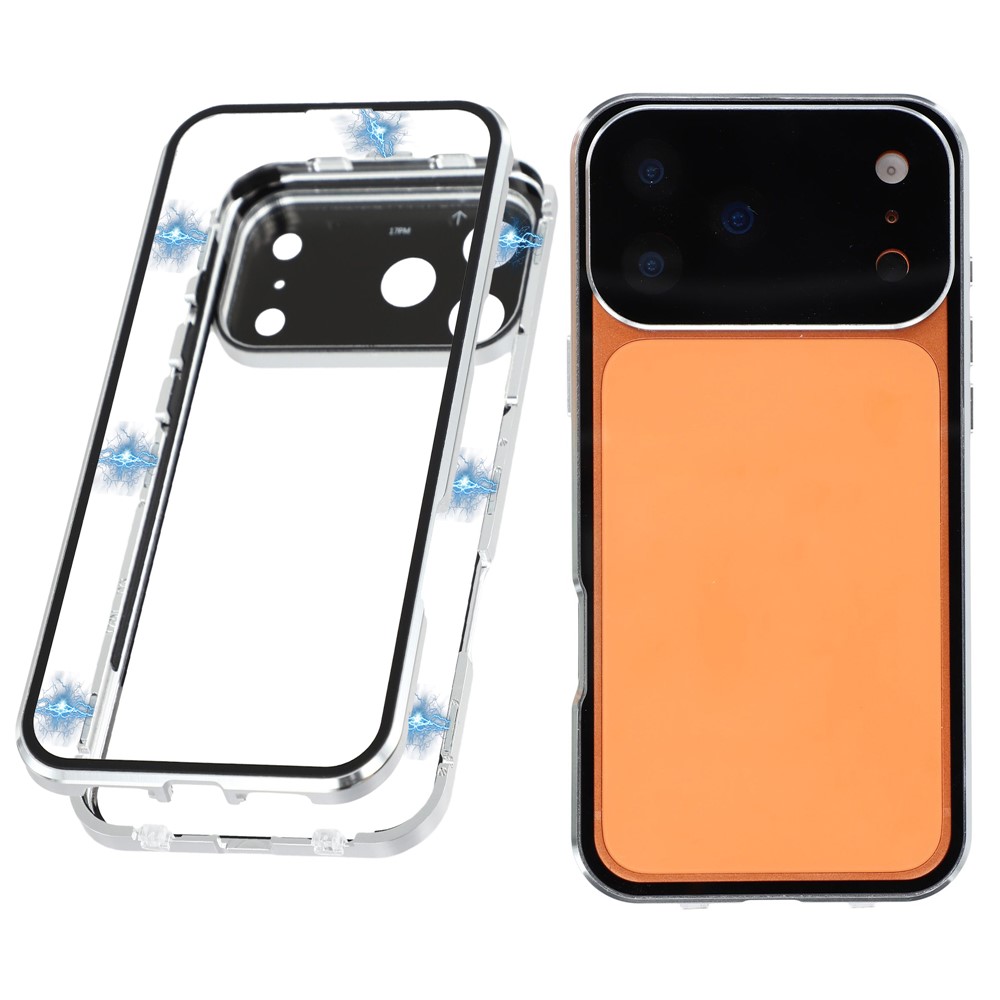 For iPhone 17 Pro Case Ultra Clear Double-Sided Tempered Glass + Magnetic Metal Frame Phone Cover - Silver
