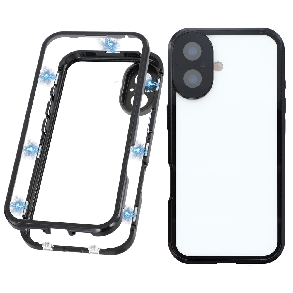 For iPhone 17 Case Ultra Clear Double-Sided Tempered Glass + Magnetic Metal Frame Phone Cover - Black