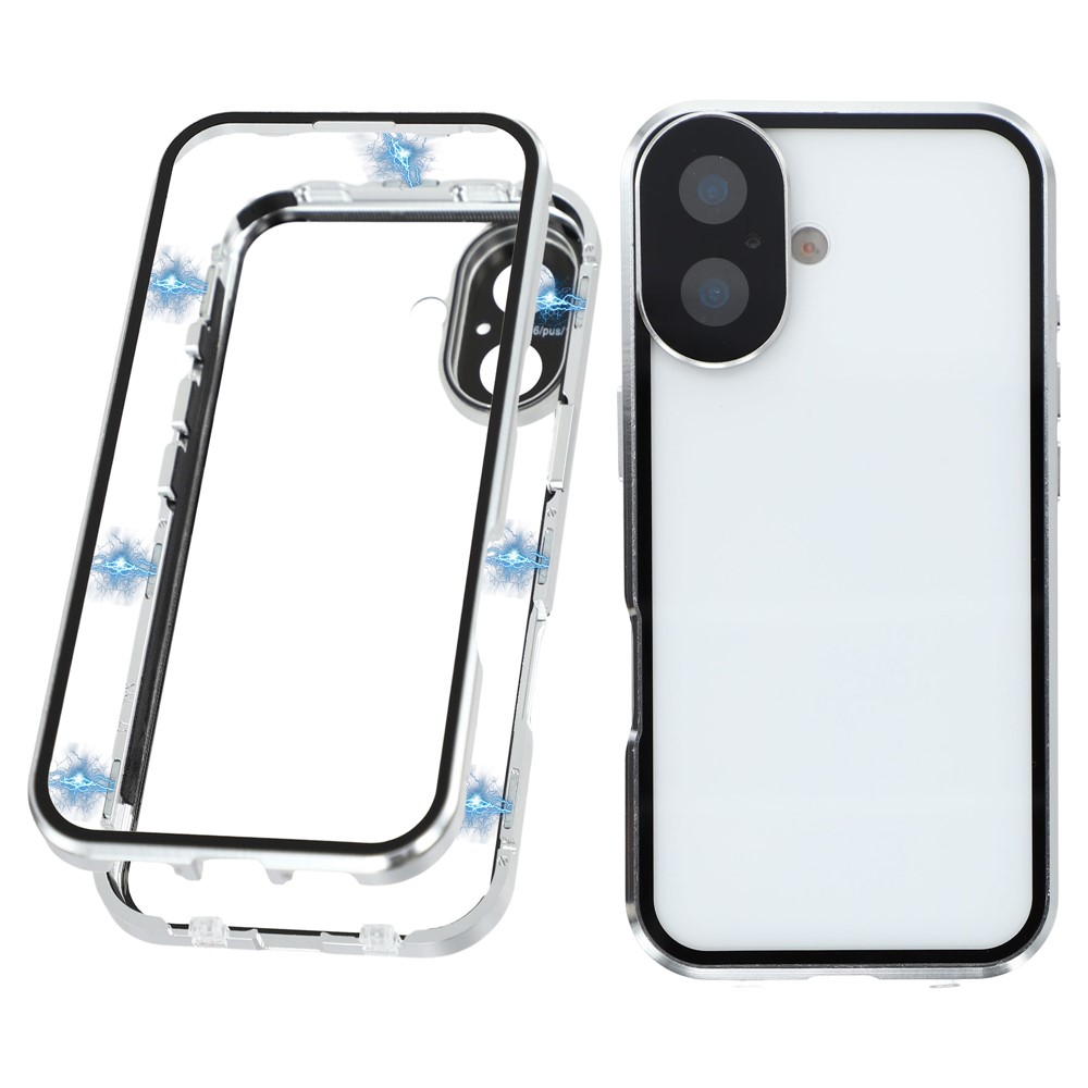 For iPhone 17 Case Ultra Clear Double-Sided Tempered Glass + Magnetic Metal Frame Phone Cover - Silver