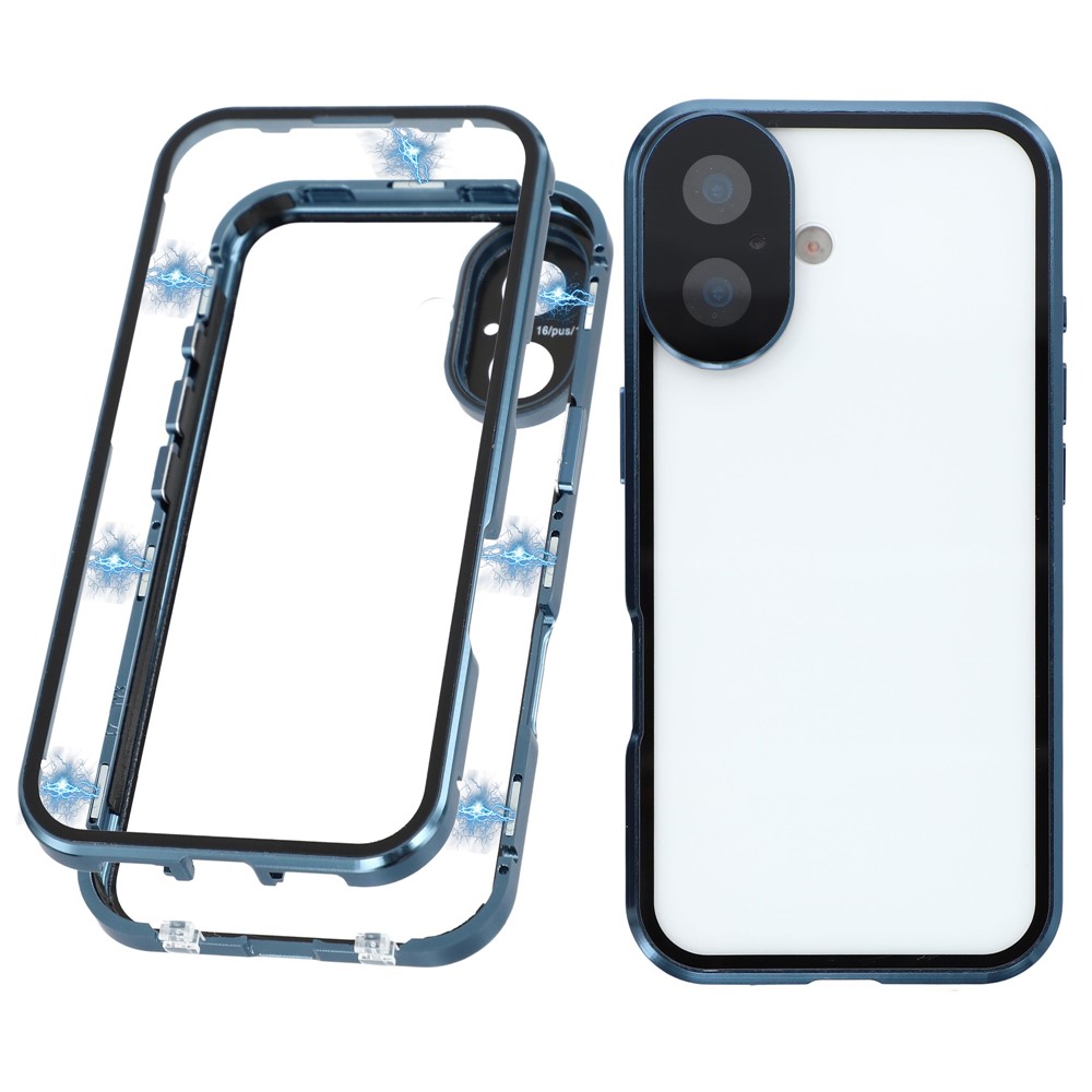 For iPhone 17 Case Ultra Clear Double-Sided Tempered Glass + Magnetic Metal Frame Phone Cover - Blue
