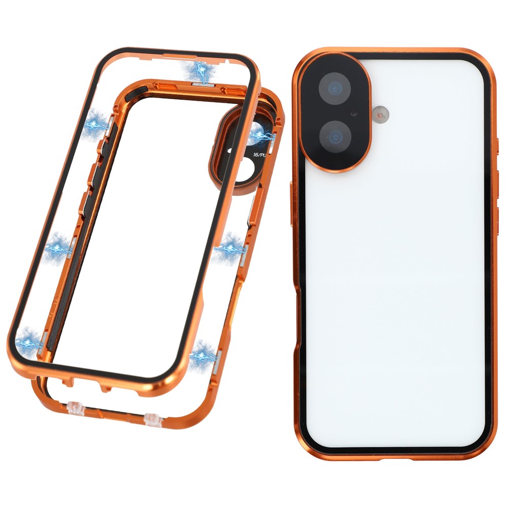 For iPhone 17 Case Ultra Clear Double-Sided Tempered Glass + Magnetic Metal Frame Phone Cover - Orange