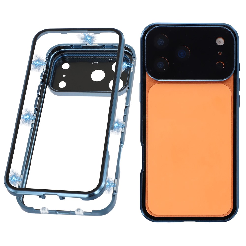 For iPhone 17 Pro Max Case Ultra Clear Double-Sided Tempered Glass + Magnetic Metal Frame Phone Cover - Blue
