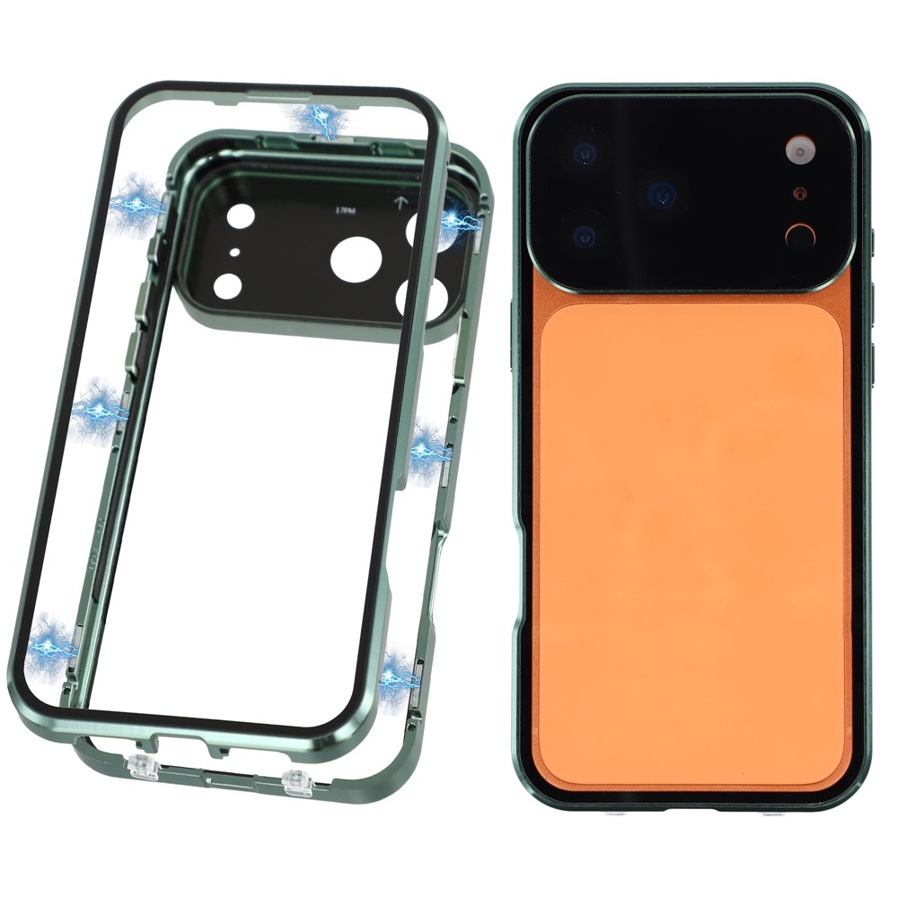 For iPhone 17 Pro Max Case Ultra Clear Double-Sided Tempered Glass + Magnetic Metal Frame Phone Cover - Green