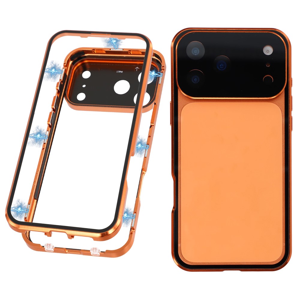 For iPhone 17 Pro Max Case Ultra Clear Double-Sided Tempered Glass + Magnetic Metal Frame Phone Cover - Orange