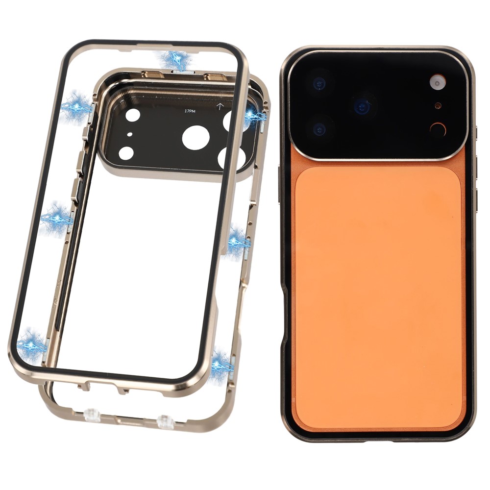 For iPhone 17 Pro Max Case Ultra Clear Double-Sided Tempered Glass + Magnetic Metal Frame Phone Cover - Gold