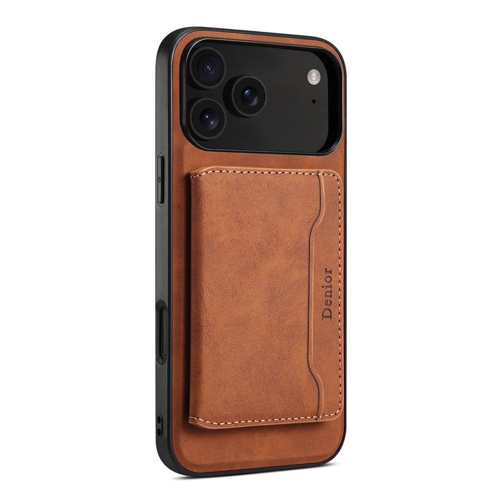 DENIOR D13 For iPhone 17 Pro Max Magnetic Case Card Holder Leather Coated PC + TPU Phone Cover - Brown