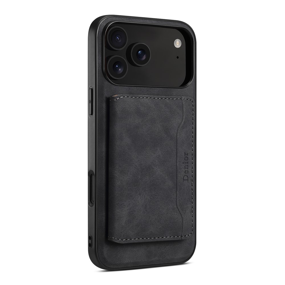 DENIOR D13 For iPhone 17 Pro Max Magnetic Case Card Holder Leather Coated PC + TPU Phone Cover - Black