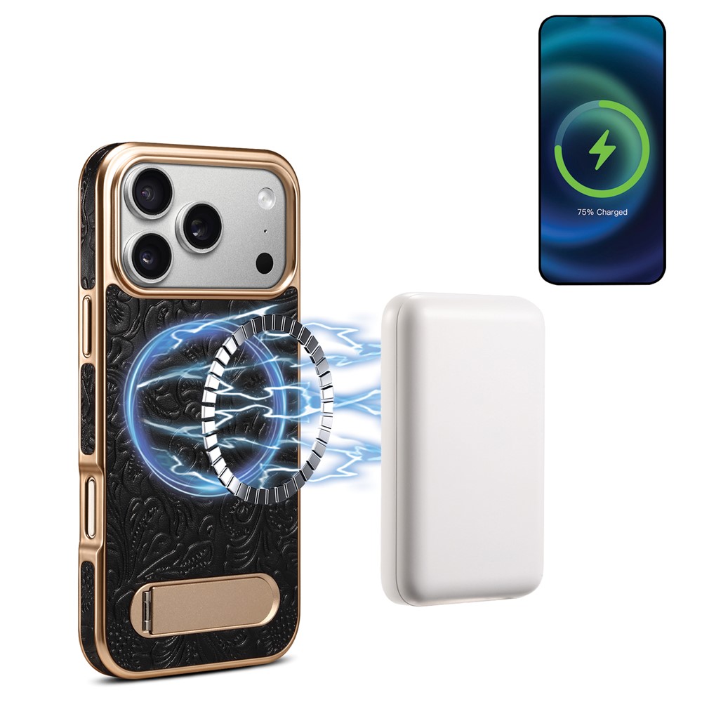 DENIOR A25 For iPhone 17 Pro Case Compatible with MagSafe Kickstand Electroplating Genuine Cow Leather Back Phone Cover - Black