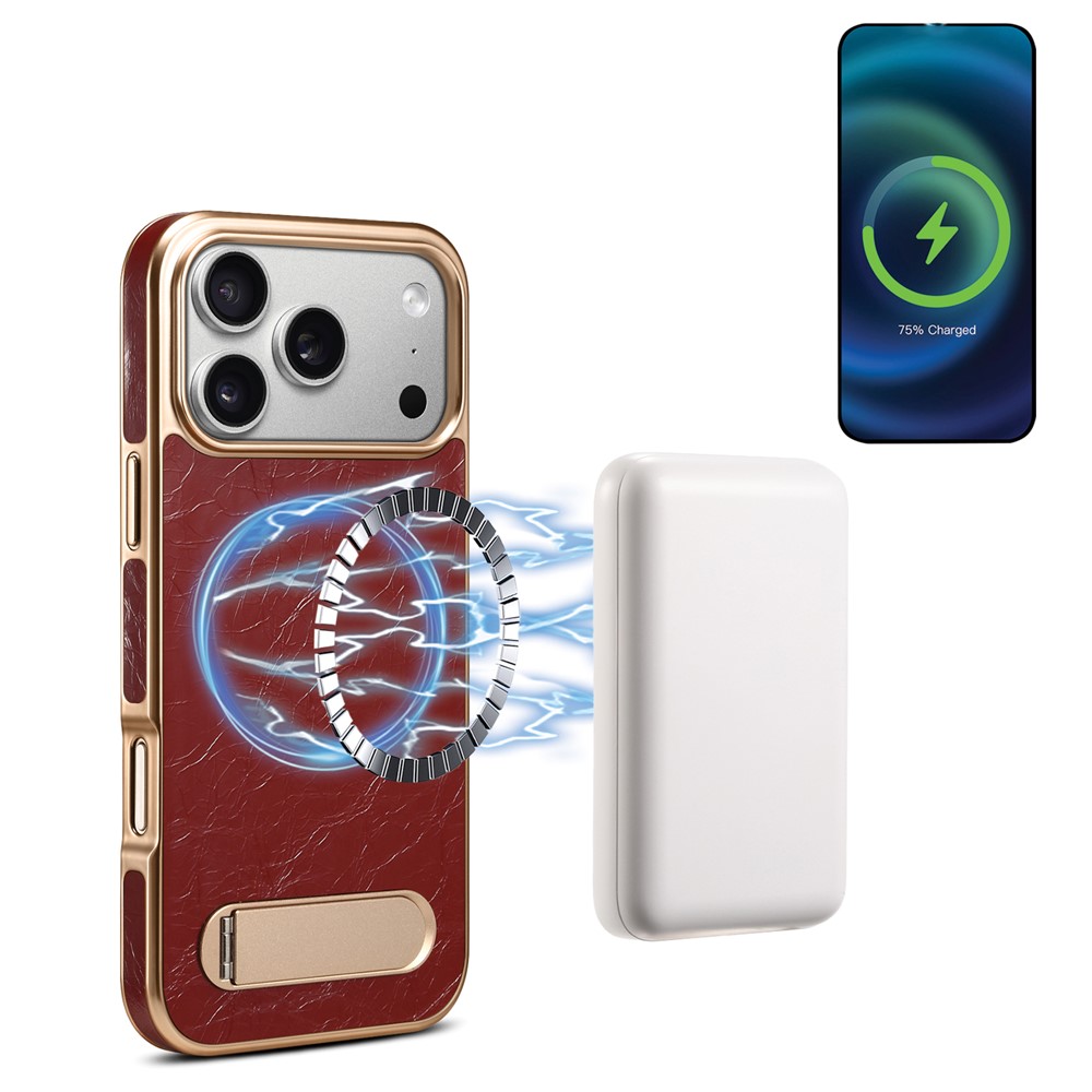 DENIOR A25+1 For iPhone 17 Pro Magnetic Case Kickstand Electroplating Cowhide Texture Genuine Cow Leather Back Phone Cover - Red