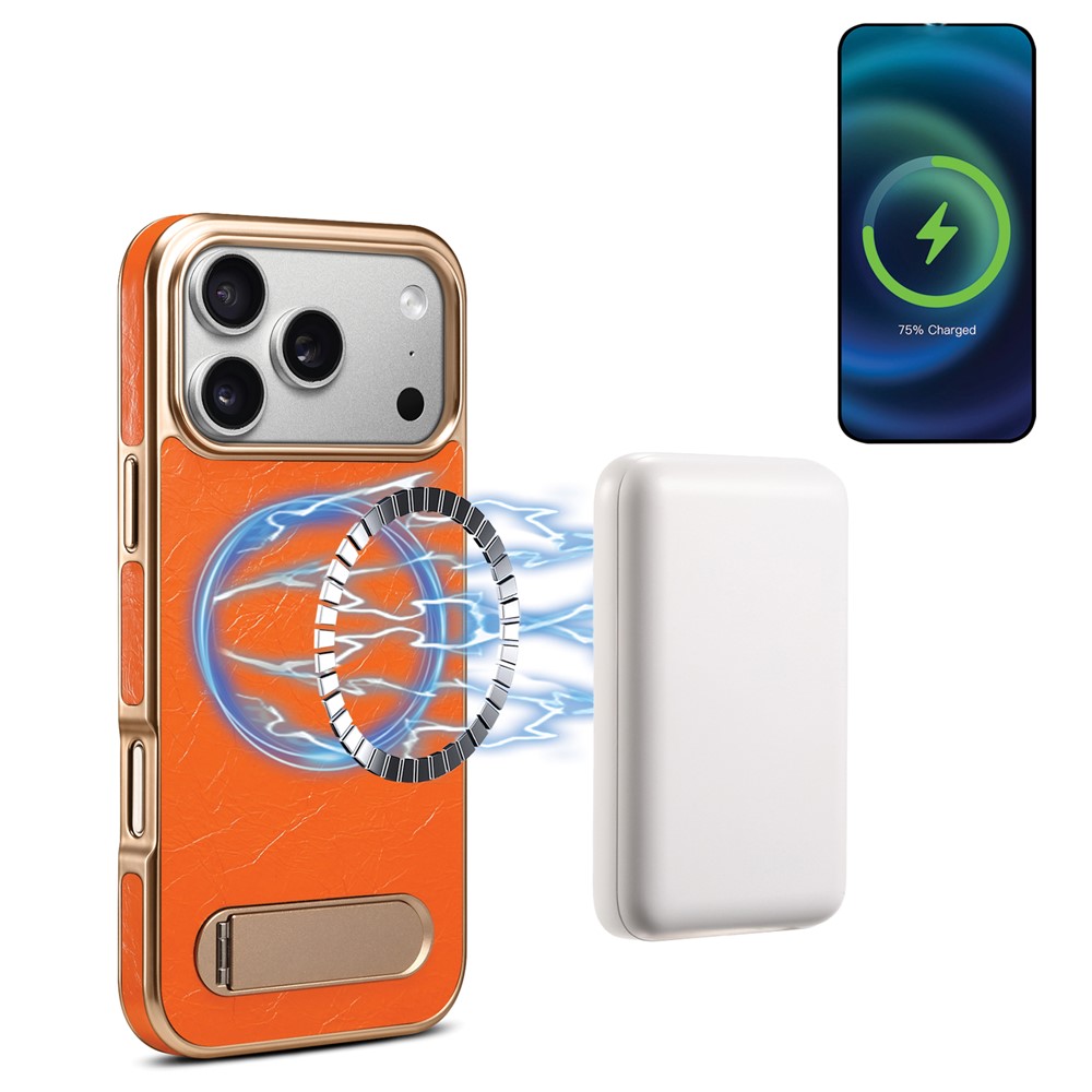 DENIOR A25+1 For iPhone 17 Pro Max Magnetic Case Kickstand Electroplating Cowhide Texture Genuine Cow Leather Back Phone Cover - Orange