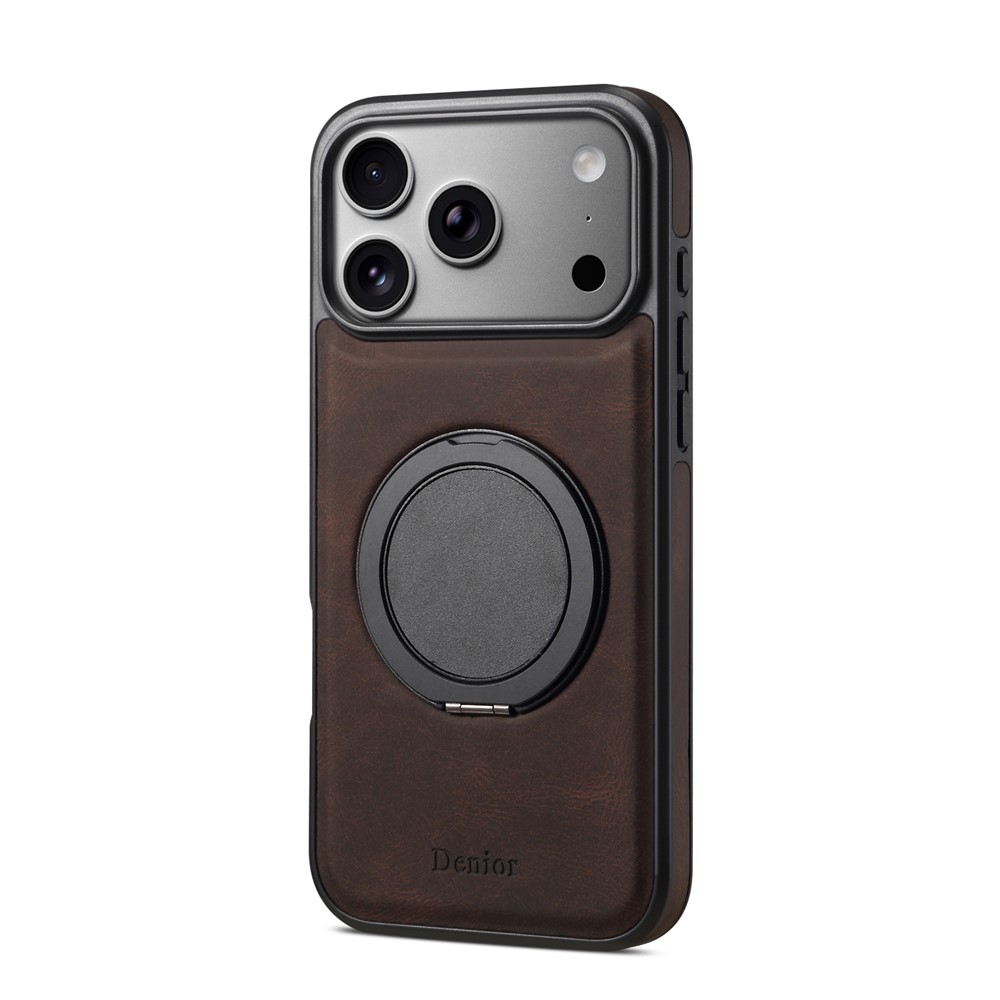 DENIOR A14 For iPhone 17 Pro Magnetic Case Rotary Kickstand Leather PC TPU Phone Cover - Brown