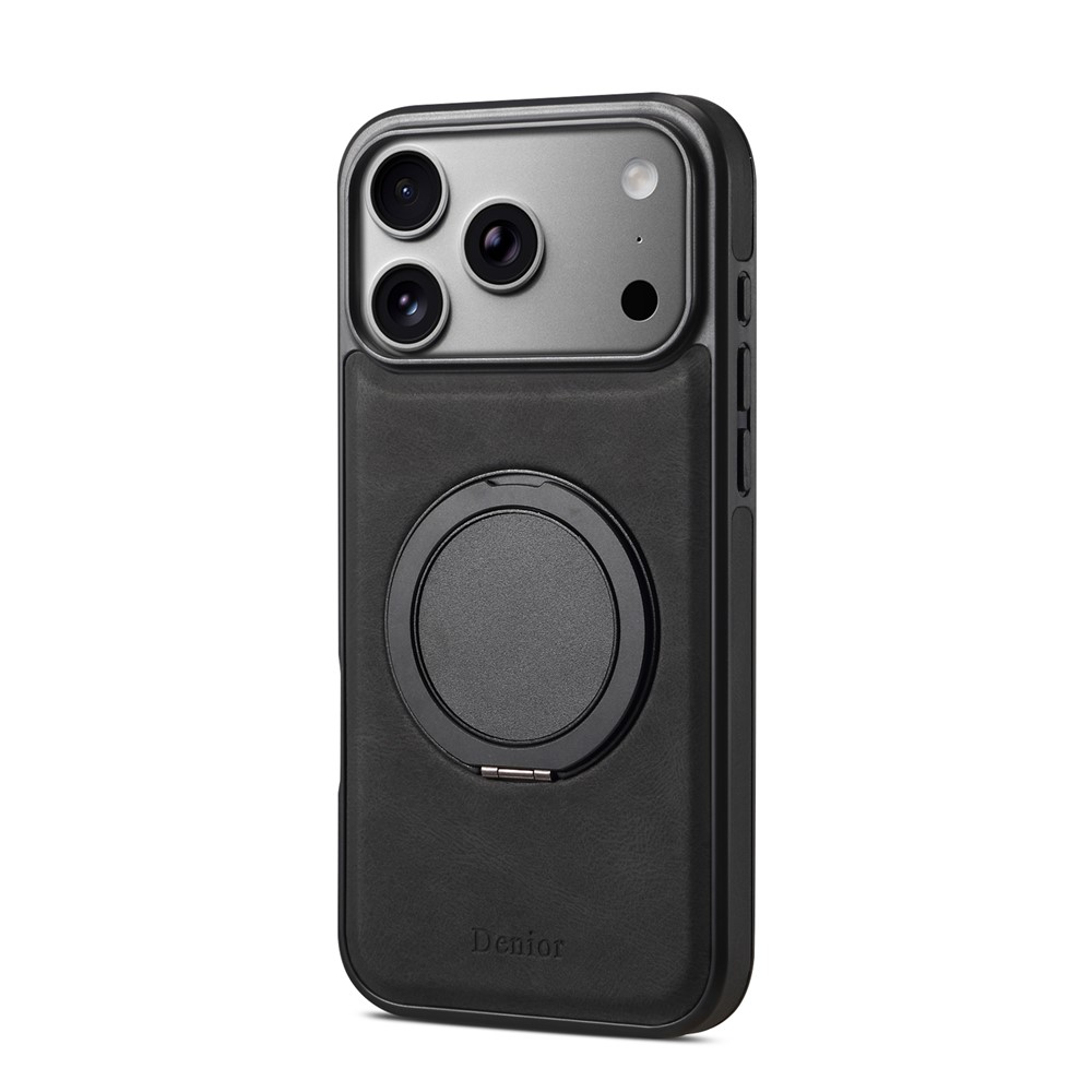 DENIOR A14 For iPhone 17 Pro Magnetic Case Rotary Kickstand Leather PC TPU Phone Cover - Black