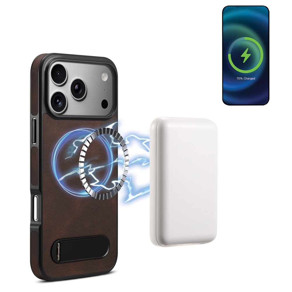 DENIOR A25+2 For iPhone 17 Pro Case Compatible with MagSafe Kickstand Skin Touch Leather PC TPU Phone Cover - Brown