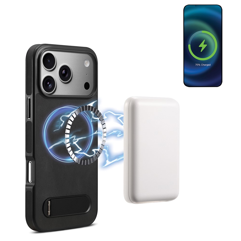 DENIOR A25+2 For iPhone 17 Pro Max Case Compatible with MagSafe Kickstand Skin Touch Leather PC TPU Phone Cover - Black