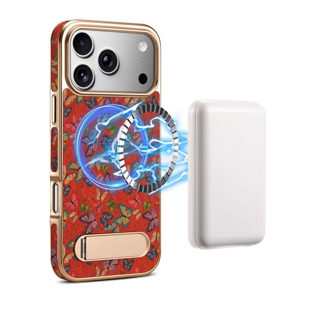 DENIOR A25+4 For iPhone 17 Pro Case Compatible with MagSafe Butterfly PU Leather PC TPU Kickstand Phone Cover - Red