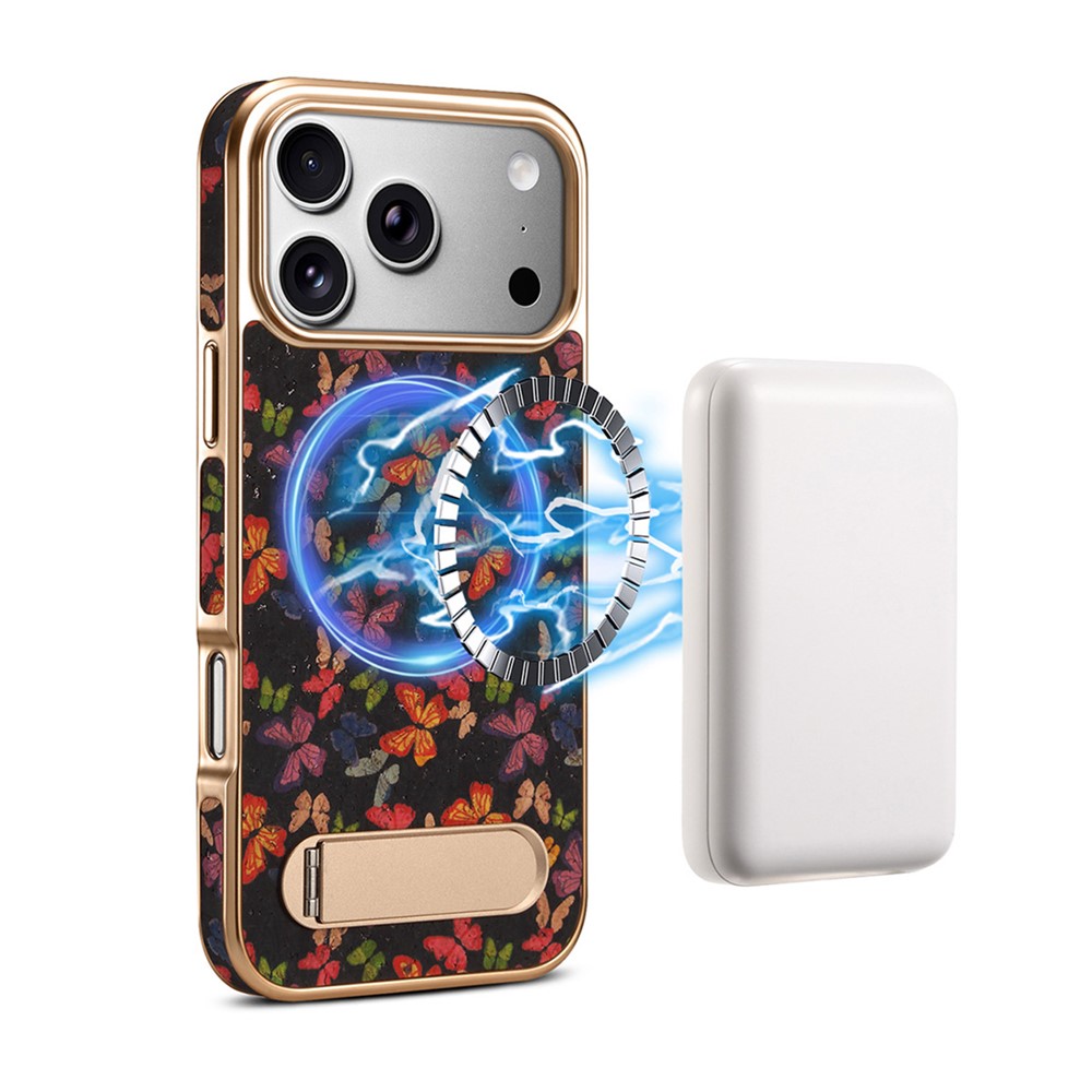 DENIOR A25+4 For iPhone 17 Pro Max Case Compatible with MagSafe Butterfly PU Leather PC TPU Kickstand Phone Cover - Black